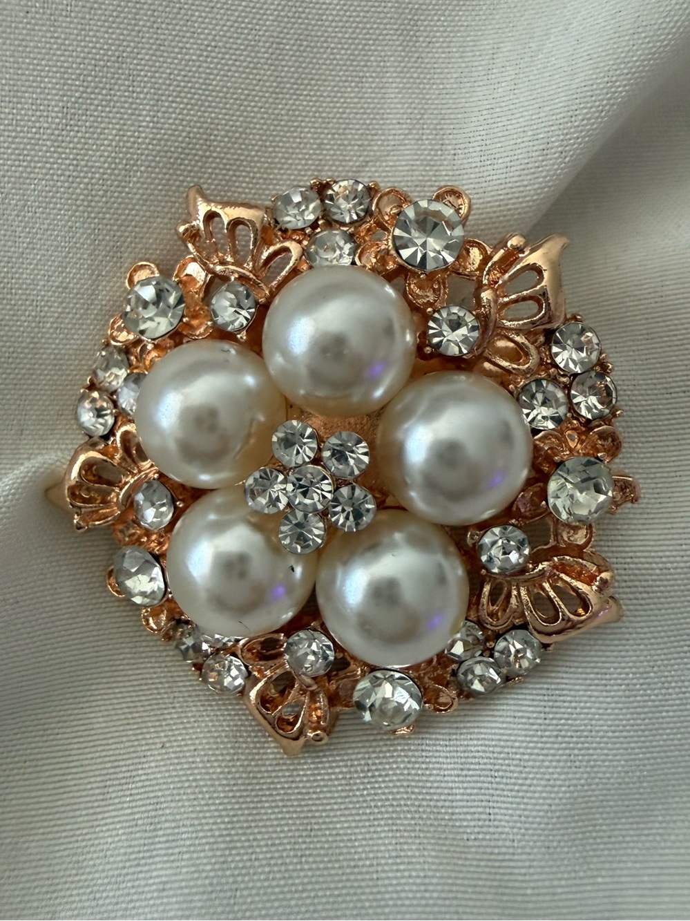Gold-Tone Pearl & Crystal Flower Brooch